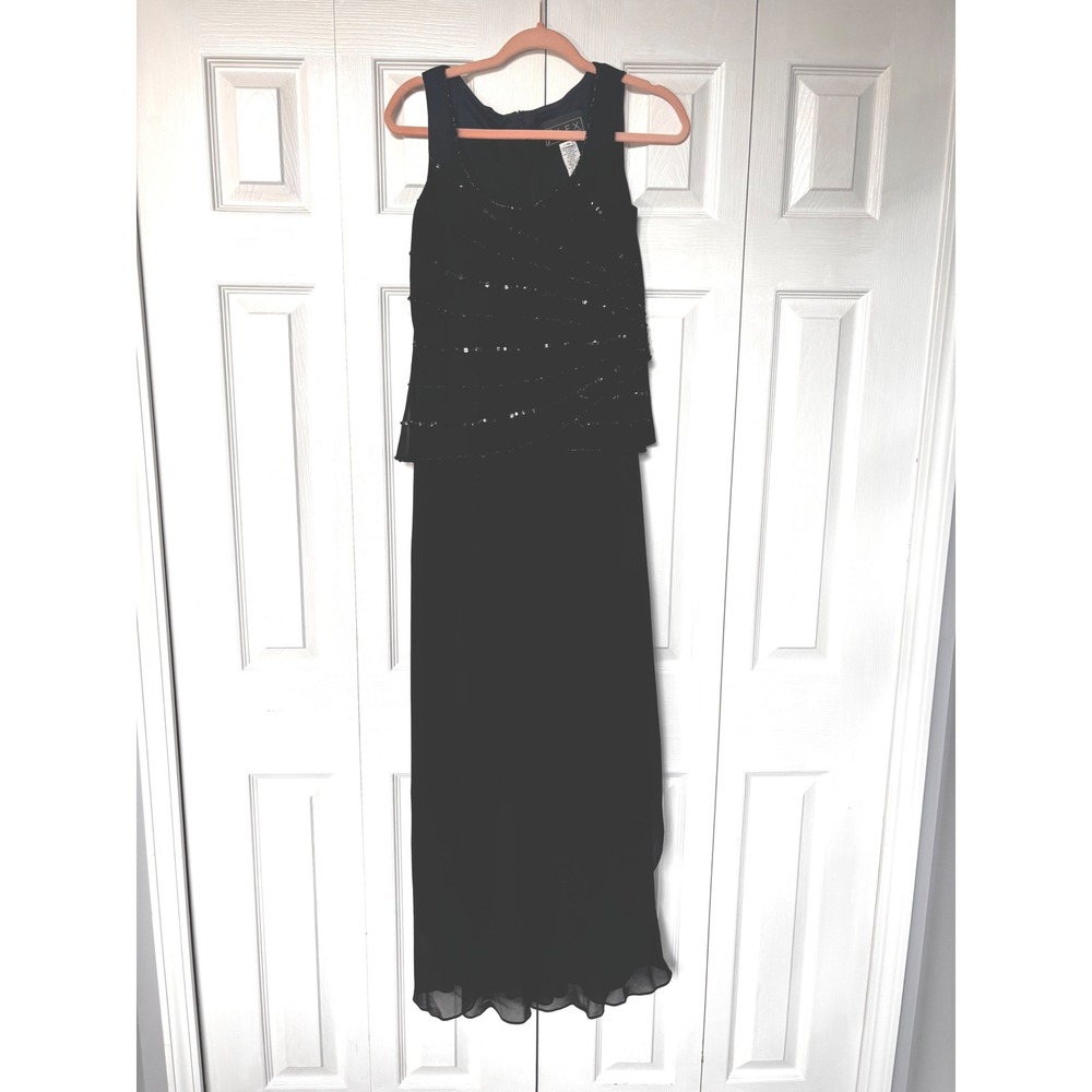 Alex Evenings Black Sequin Beaded Tiered Sleeveless Maxi Gown Dress Size 10